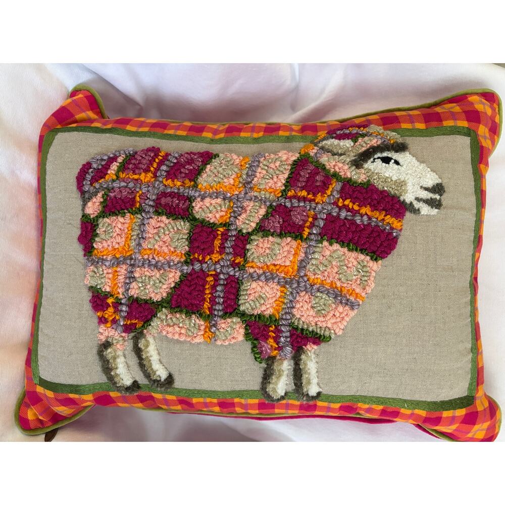 MacKenzie-Childs Tartan Sheep Lumbar Throw Pillow 21.5"x15" Plaid Wool Applique - Picture 1 of 5